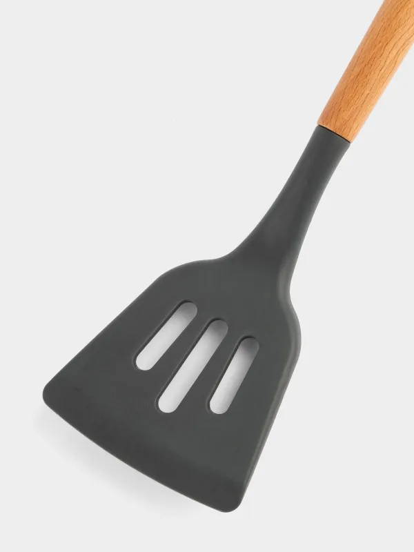 Қалақ, 32 см, саңылаулары бар, силикон/ағаш, сұр, Weekend, image-2