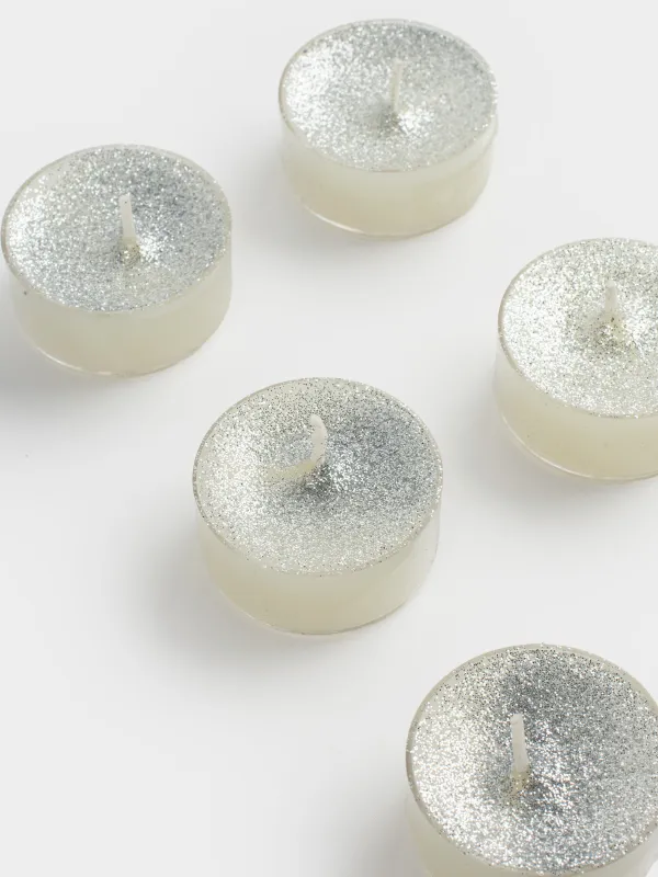 Свеча чайная, 4 см, 6 шт, с блестками, серебристая, Metallic glow, image-1