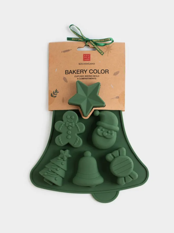 Форма для выпечки кексов, 23х19 см, 6 отд, силикон, зеленая, Колокольчик, Bakery color, image-4
