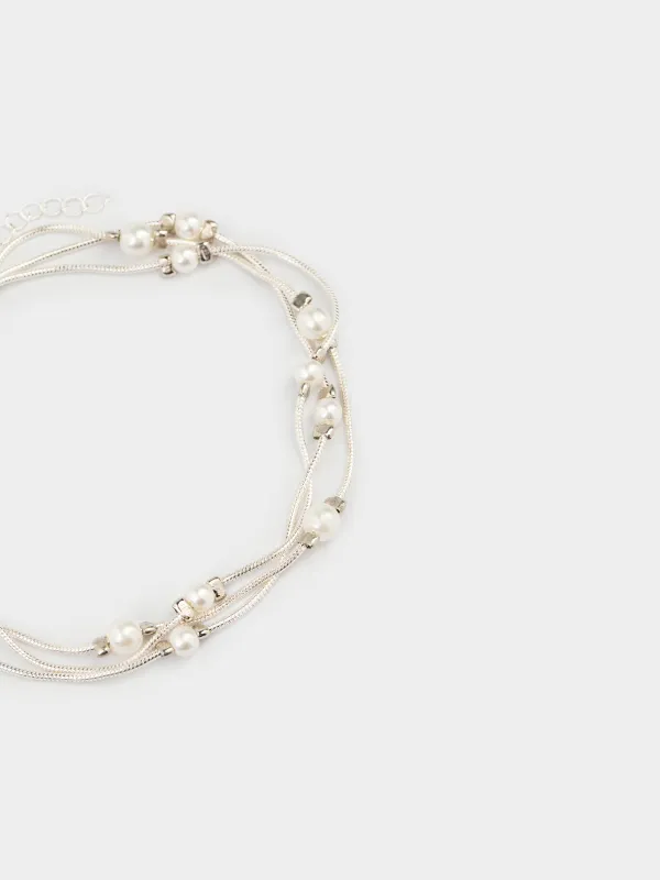 Білезік, 18 см, үштік, металл / пластик, күміс, моншақтар, Pearl, image-1