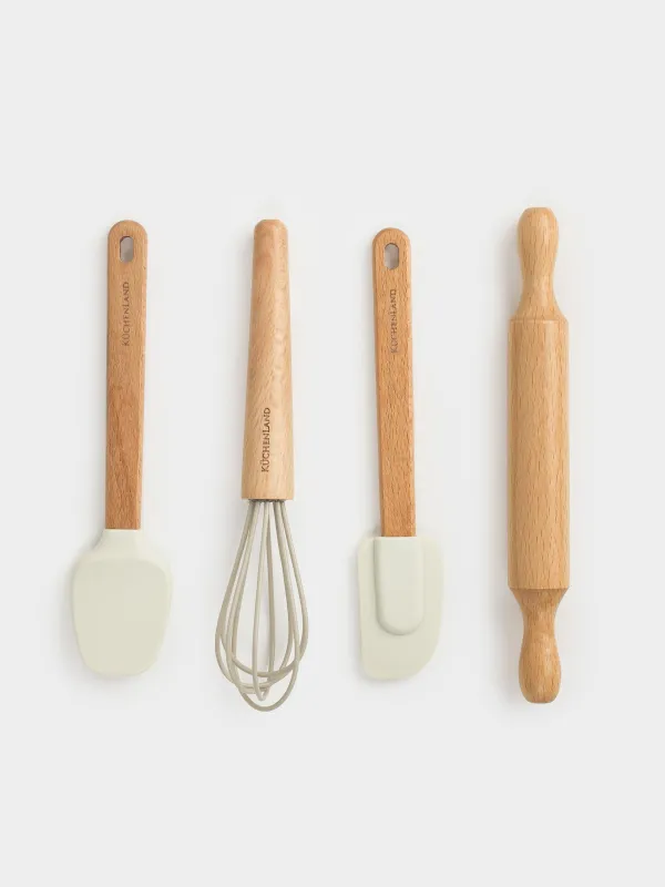 Пісіруге арналған жиынтық, 4 зат, қасық/қалақша/бұлғауыш/оқтау, силикон/ағаш, Bakery, image-0