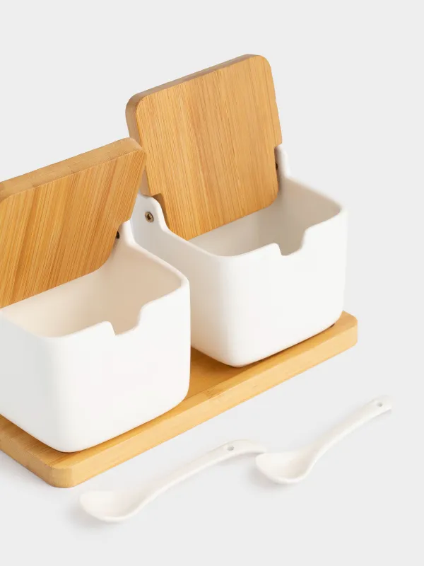 Банка для сыпучих продуктов, 250 мл, 2 шт, с ложками, на подставке, фарфор P/бамбук, белая, Keep, image-2