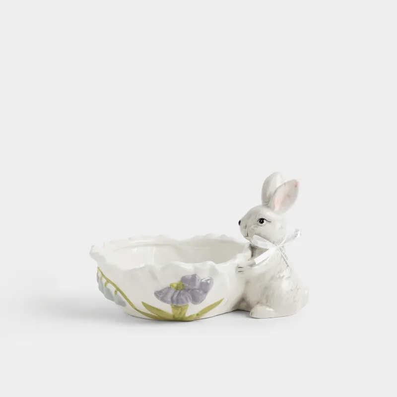 Кәмпит ыдысы, 20х13 см, керамика, сүт түстес және сұр, Гүлдері бар қоян, Easter