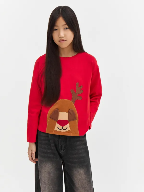 Балаларға арналған лонгслив, өлшемі 104 см, мақта, қызыл, Бұғы, Amelia, image-1