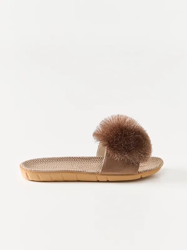 Тапочки женские, коричневые, Pompon, image-0