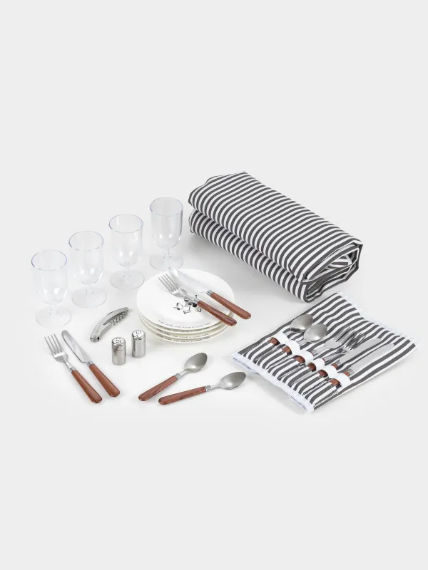 Пикник себеті, 42х30 см, 4 адам, 21 зат, Жамылғымен, жүзім, дөңгелек, қоңыр, Picnic, image-8