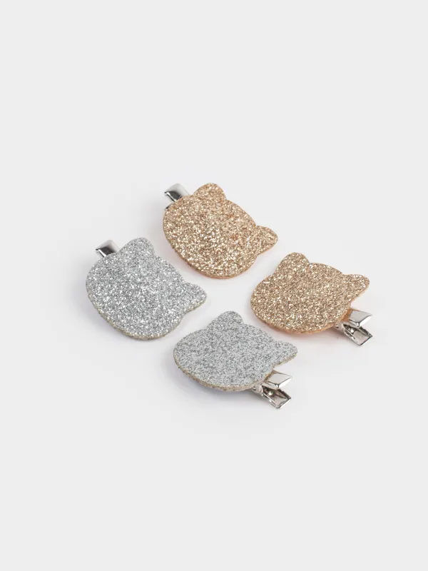 Набор заколок для волос, 3 см, 4 шт, детский, металл, серебристый/шампань, Кот, Cat, image-2