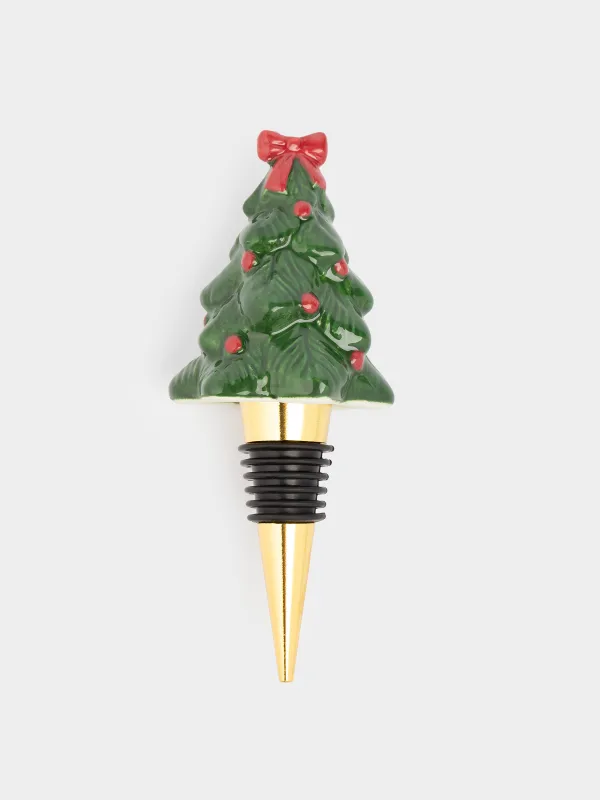 Шарап бөтелкесінің тығыны, 12 см, металл/керамика, жасыл, Бантигі бар шырша, Christmas traditions, image-0