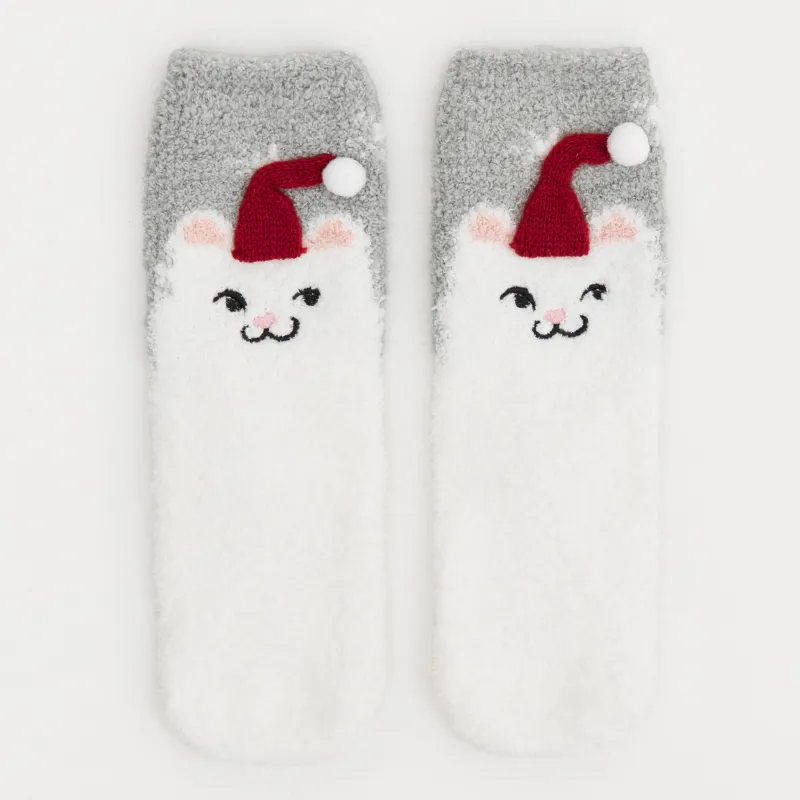 Носки детские, домашние, в коробке, полиэстер, серо-молочные, Кот в колпаке, Merry