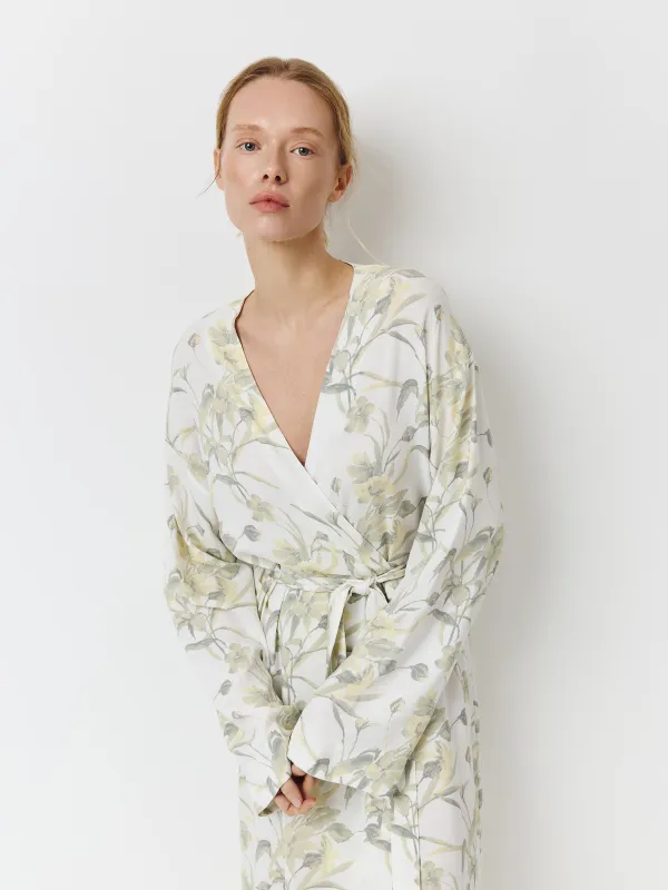 Әйелдер халаты, үйге арналған, өлшемі S, ұзын жеңді, вискоза, сұр, Жапырақтар, Leksli, image-1