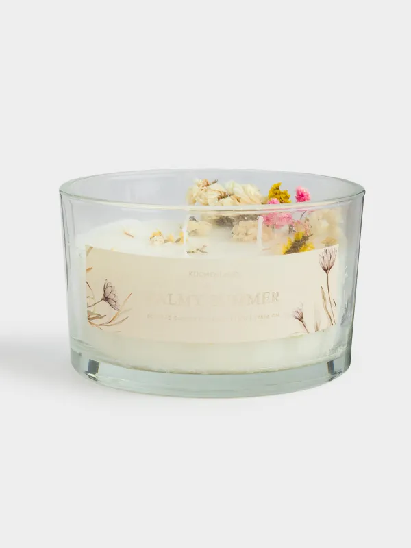 Свеча ароматическая, 8 см, три фитиля, в подсвечнике, с сухоцветами, Honeysuckle, Balmy summer, image-0