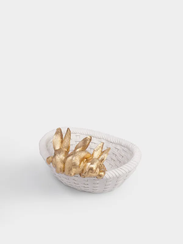 Кәмпит ыдысы, 27х16 см, полирезин, ақ және алтын түстес, Себеттегі қояндар, Rustic Easter, image-1