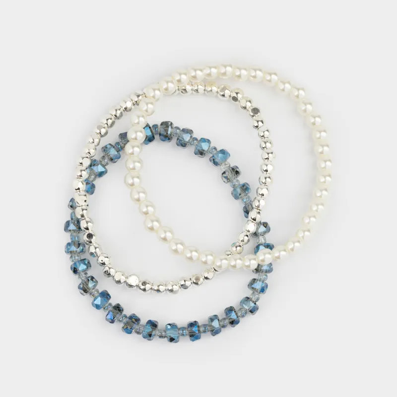 Набор браслетов, 18 см, 3 шт, стекло/пластик, цветной, Бусины, Pearl color