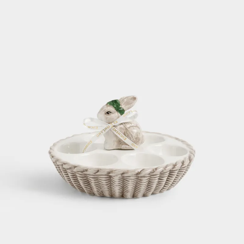 Пасха ыдысы, 15х10 см, 6 бөлім, керамика, сүт түстес және қоңыр, Гүл шоқтары бар қоян, Easter lace