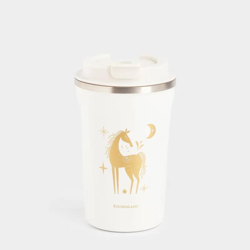 Термокружка, 380 мл, сталь/пластик, белая, Лошадь, Coffee time