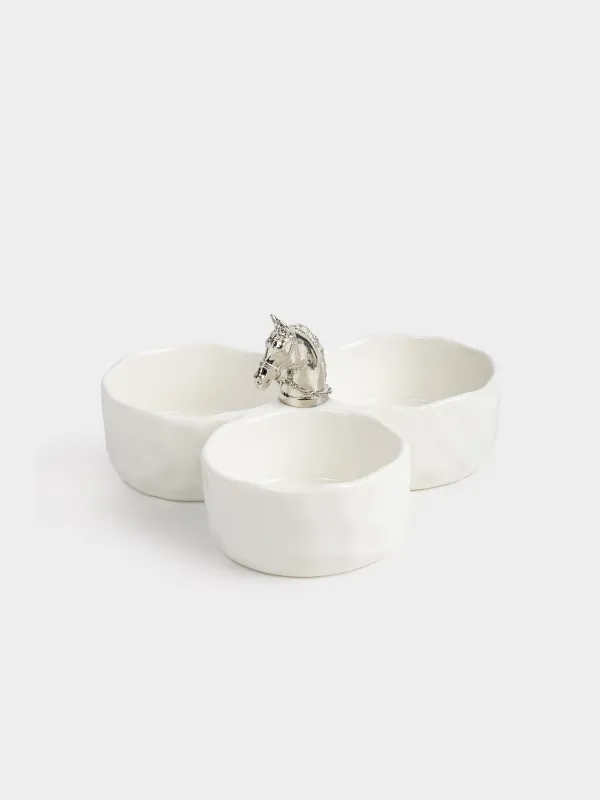 Менажница, с декором, 17 см, 3 отд, фарфор P/металл, молочная, Конь, Horse silver, image-0