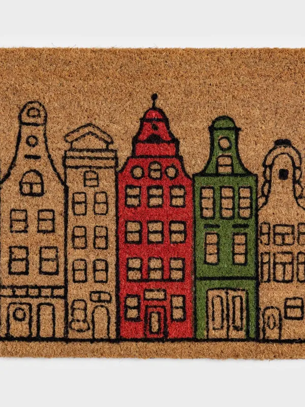 Коврик придверный, 40х60 см, кокос/ПВХ, прямоугольный, коричневый, Домики, House built, image-1