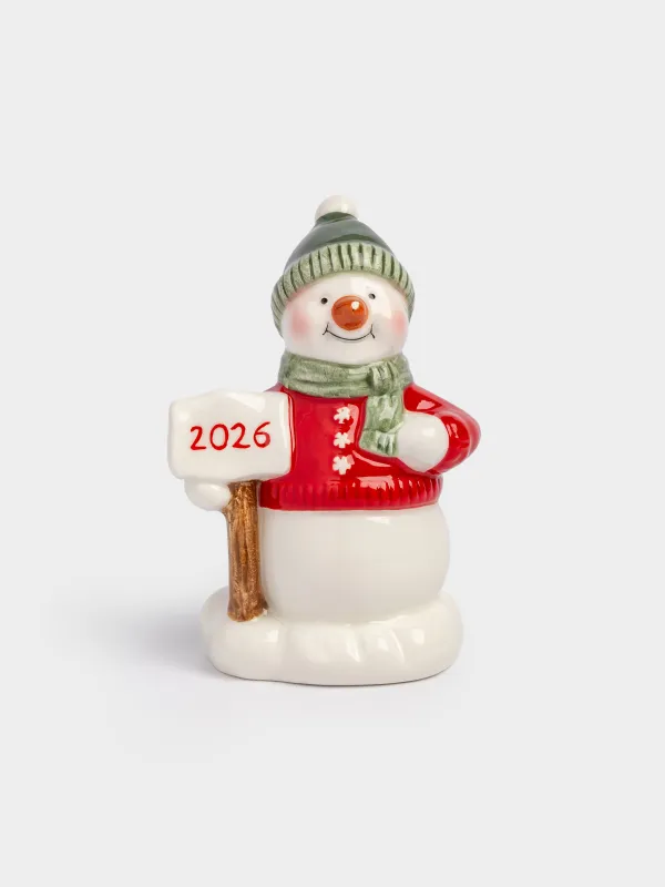 Статуэтка, 9 см, керамика D, зелено-красная, Снеговик со знаком, Snowy, image-0