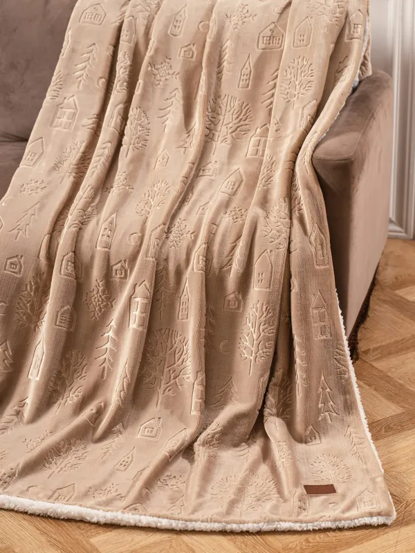 Плед, 130х170 см, фланель, бежевый, Дома и ели, Flannel, image-1