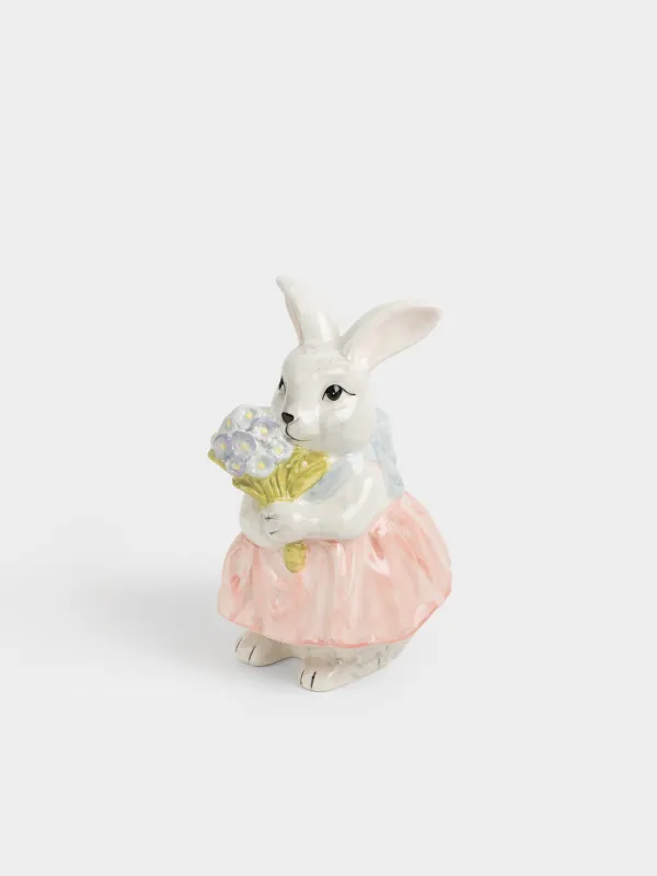 Мүсінше, 21 см, керамика, сұр, Көйлек киген және Гүлдері бар қоян, Easter, image-2