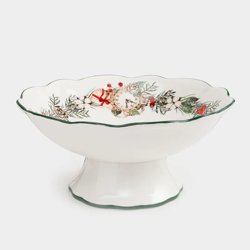 Блюдо на ножке, 26x12 см, керамика D, Венок и часы, Christmas green, image-0