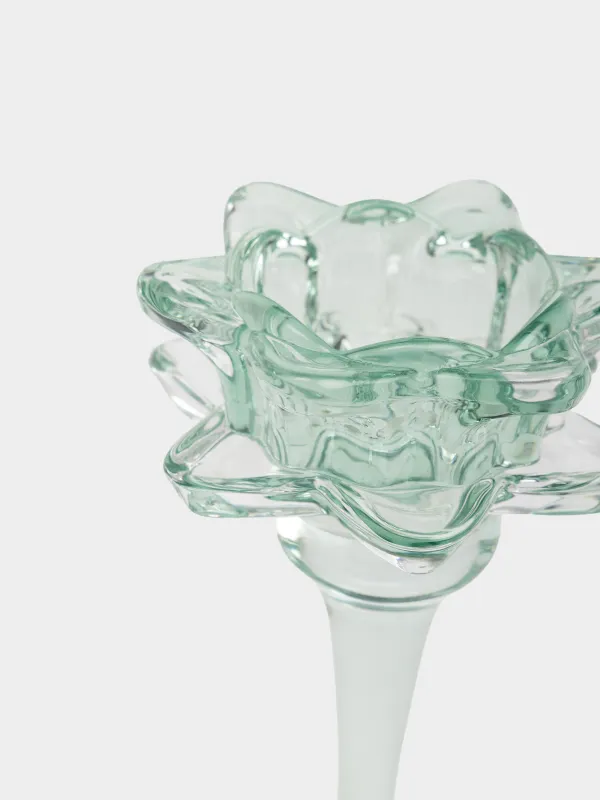 Шам ұстағыш, 17 см, шай/жіңішке шамға арналған, аяқты, шыны, жасыл, Лотос, Fleur color, image-1