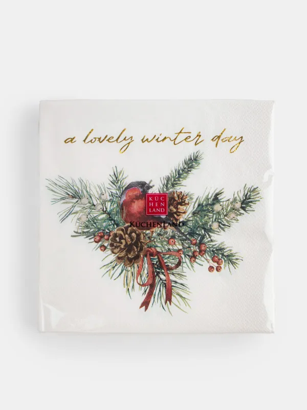 Қағаз майлықтар, 33х33 см, 20 дана, төртбұрышты, ақ, Бұтақтағы суықторғай, Christmas miracle, image-4