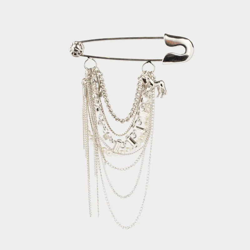 Брошь, 7 см, металл / пластик / ринстондар, күміс, бисермен ат, Jewelry horse