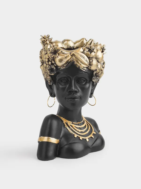 Сәндік ваза, 19 см, полирезин, қара және алтын, Жемісі бар қыз, Ethnic girls, image-0