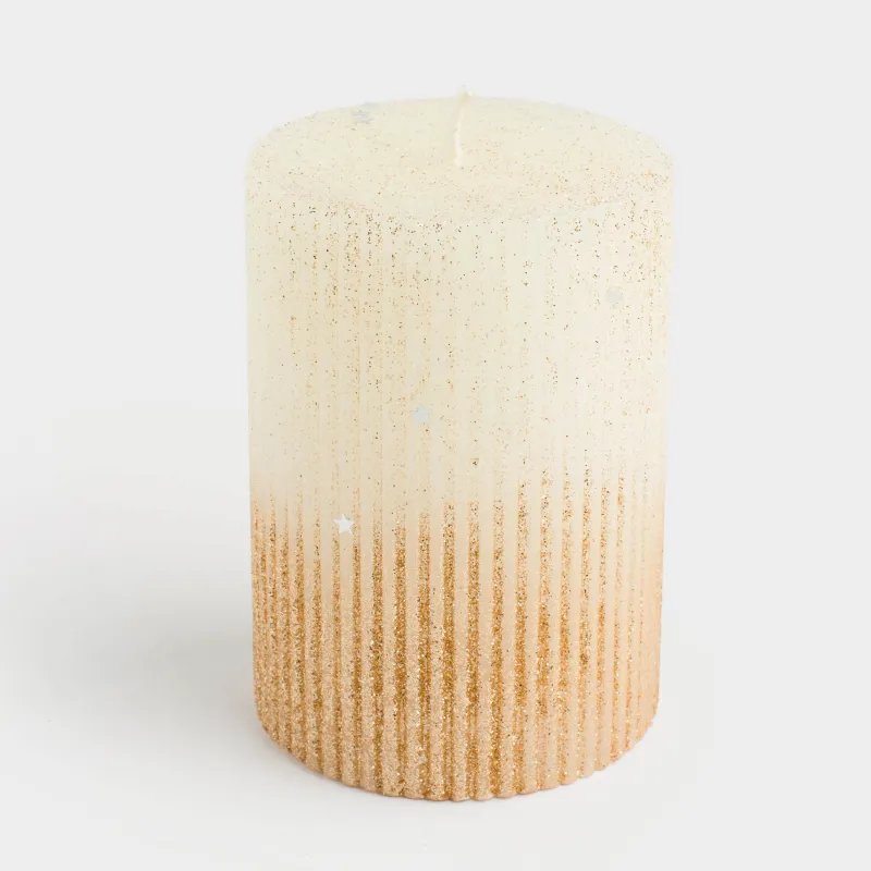 Свеча, 10 см, цилиндрическая, с блестками, молочно-золотистая, Ribbed candle