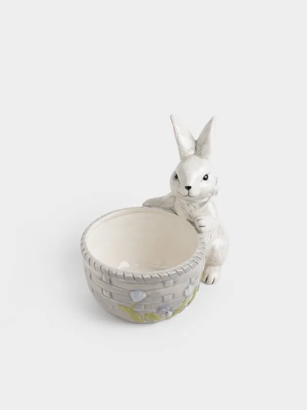 Кәмпит ыдысы, 22х20 см, 940 мл, керамика, сұр, Гүлдері мен себеті бар қоян, Easter, image-1