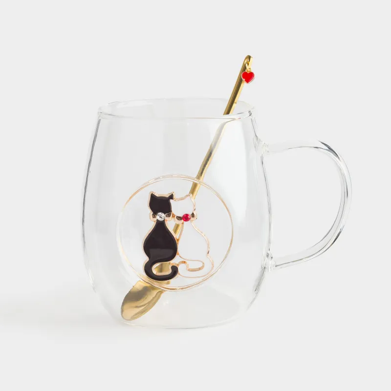 Саптыаяқ, 470 мл, қасығы бар, металлдан жасалған шыны, мысықтар, Lux elements