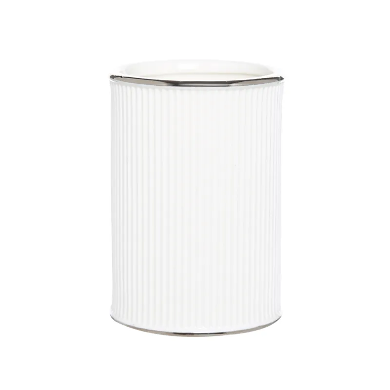 Жуынатын бөлмеге арналған стақан, 10 см, керамика, ақ, күміс жиегі бар, Kaliopa