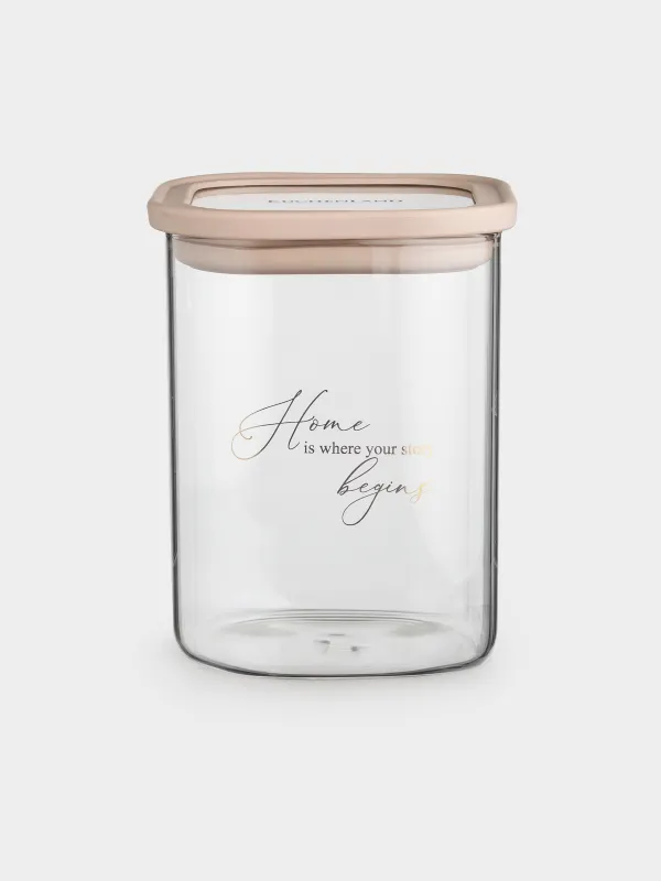 Банка для сыпучих продуктов, 920 мл, стекло/силикон, квадратная, бежевая, Verre, image-0