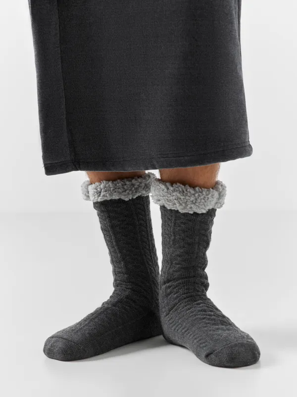 Носки мужские, домашние, акрил/шерпа, черные, Косы, Knitted soft, image-3