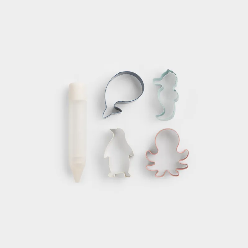 Пісіруге арналған жиынтық, 5 зат, қарындаш/қалыптар, пластик/силикон/болат, Теңіз тұрғындары, наубайхана, image-0