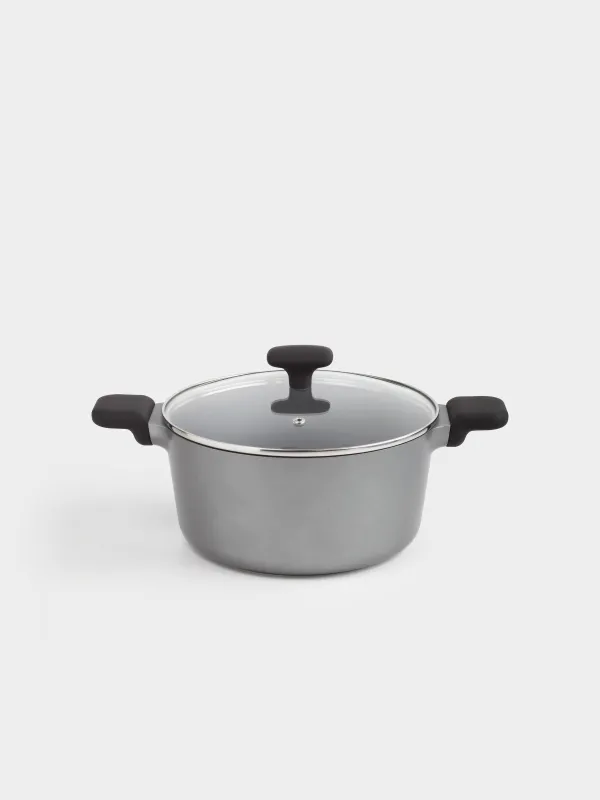 Кастрюля, 24 см, 4,8 л, с крышкой, с покрытием, алюминий, серо-черная, Mintali, image-0