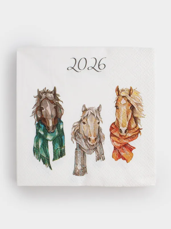 Қағаз майлықтар, 21х21 см, 20 дана, төртбұрышты, ақ, Шарф таққан жылқылар, Horse trio, image-0