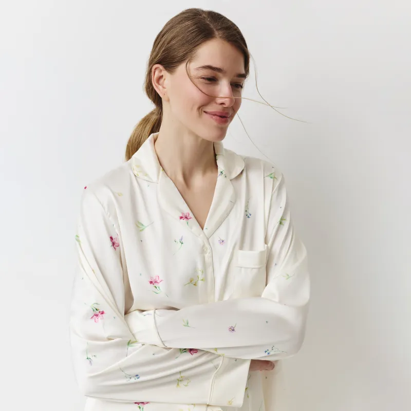 Әйелдер жейдесі, үйге арналған, өлшемі L, ұзын жеңді, полиэстер, сүт түстес, Гүлдер, Sevilla