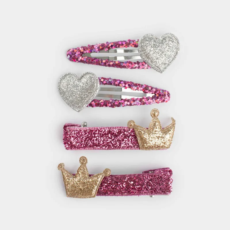 Шаш қыстырғыштар жинағы, 5 см, 4 дана, балаларға арналған, пластик/металл, күлгін, Тәж/Жүрек, Gracile