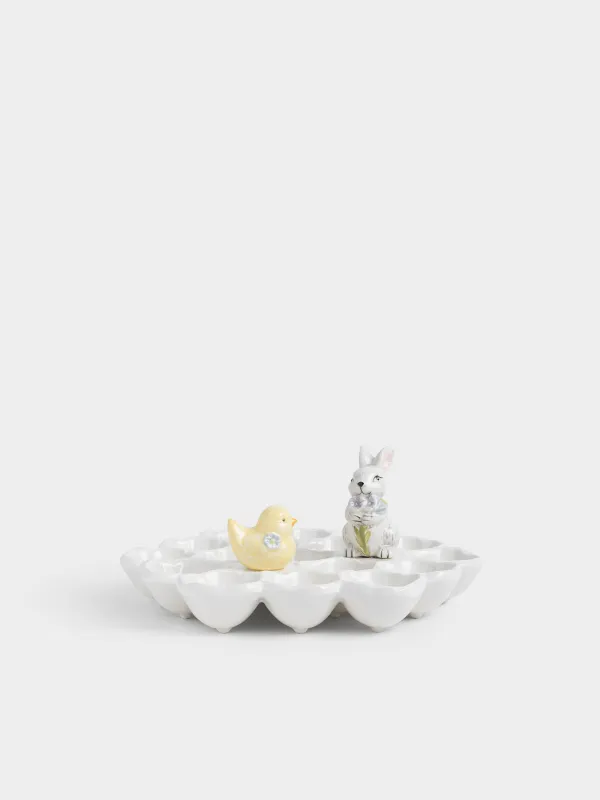 Пасха ыдысы, 27x12 см, 17 бөлім, керамика, сүт түстес, Гүлдер арасындағы қоян мен балапан, Easter, image-5