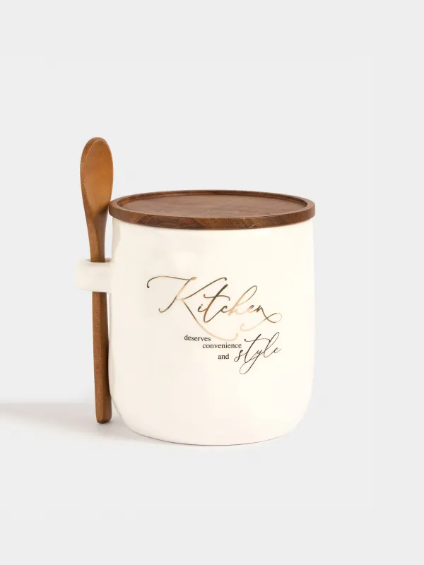 Сақтау ыдысы, 12х12 см, мл, қасығы бар, керамика/ағаш, Мыжылған әсер, Crumple kitchen, image-0