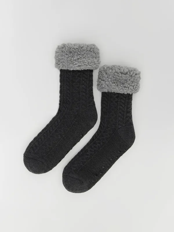 Ерлер шұлықтары, үйге арналған, өлшемі 39-42, акрил/шерпа, қара, Өрілген шаш, Knitted soft, image-0