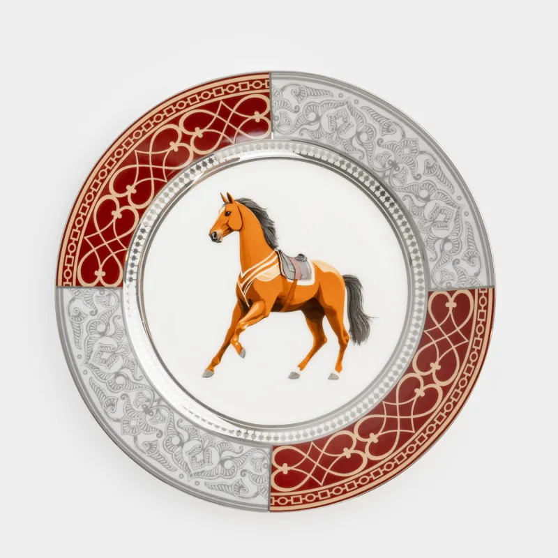 Тіскебасар тәрелкесі, 21 см, фарфор F, ақ және қою қызыл, күміс жиектері бар, Жылқы, Breton horse