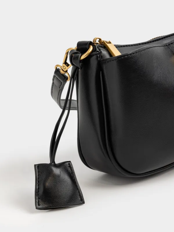 Сумка женская, 23х13 см, с ручкой и плечевым ремнем, с брелоком, полиуретан, черная, Force, image-1