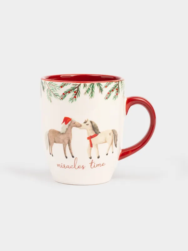 Саптыаяқ, 330 мл, керамика, ақ және қою қызыл, Жылқылар сүйіп жатыр, Horse christmas, image-0