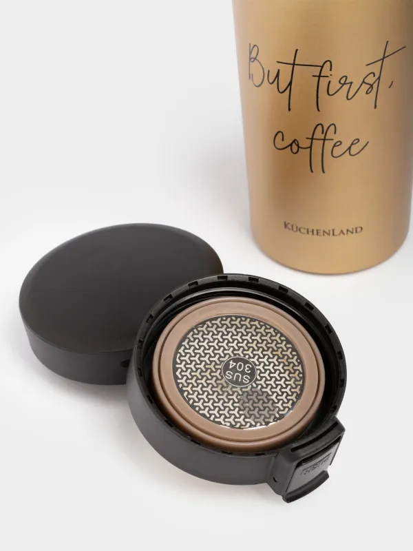 Термо саптыаяқ, 380 мл, болат/пластик, алтын, күңгірт, But first, cofee, Voyage, image-3