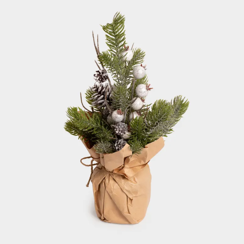 Композиция декоративная, 30 см, в крафте, пластик/пенопласт, Белые ягоды и шишки, White berry