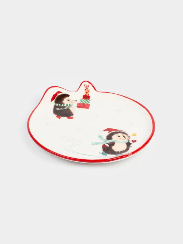 Тіскебасар тәрелкесі, 21 см, керамика, ақ, Сыйлықтары бар кірпілер, Hedgehog christmas, image-1