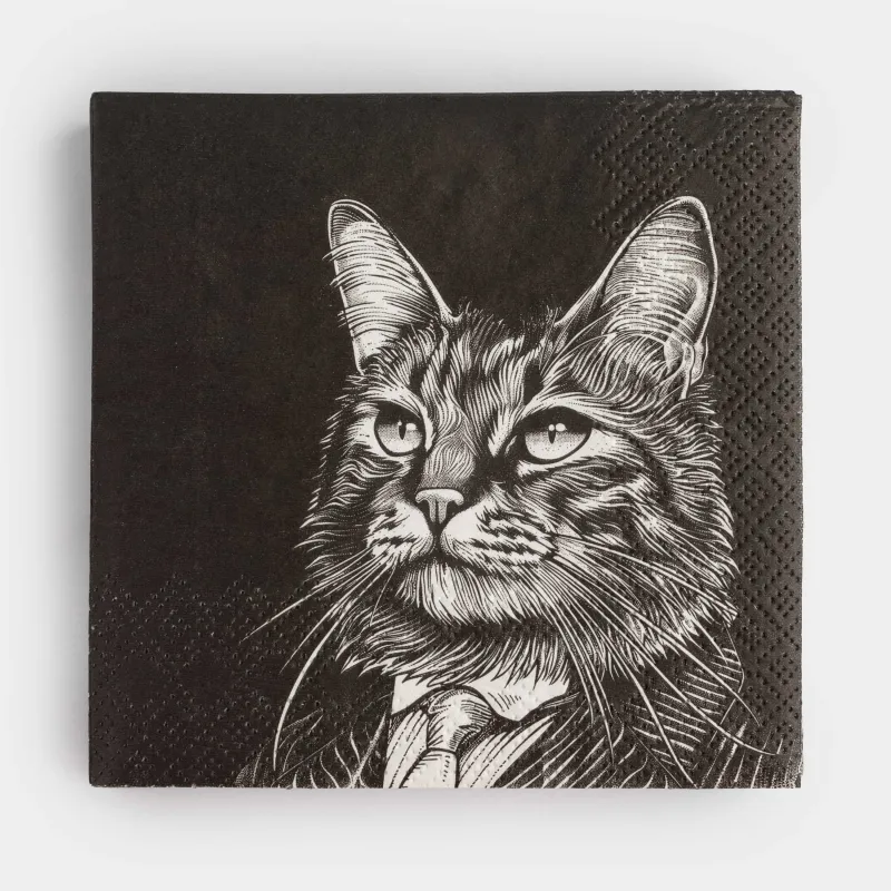 Салфетки бумажные, 21х21 см, 20 шт, квадратные, черные, Кот в костюме, Cat